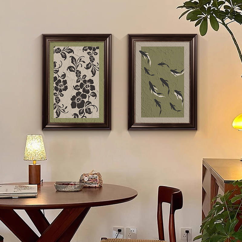 九鱼聚财餐厅装饰画中古风客厅玄关挂画高级感复古餐桌背景墙壁画图片