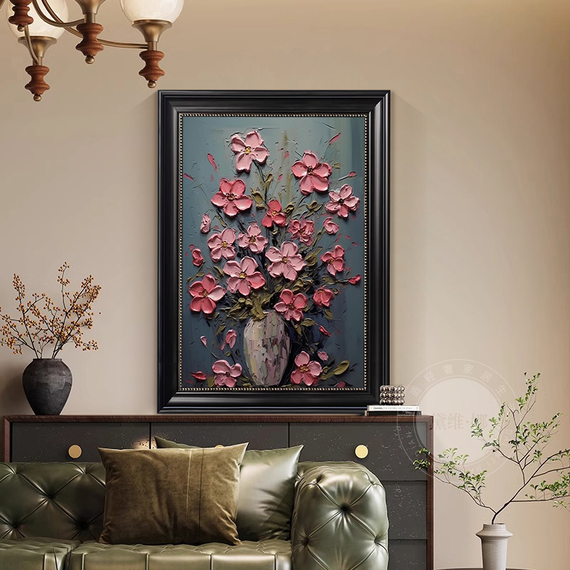 手绘油画风客厅装饰画轻奢花卉中古风餐厅卧室玄关花开富贵图片