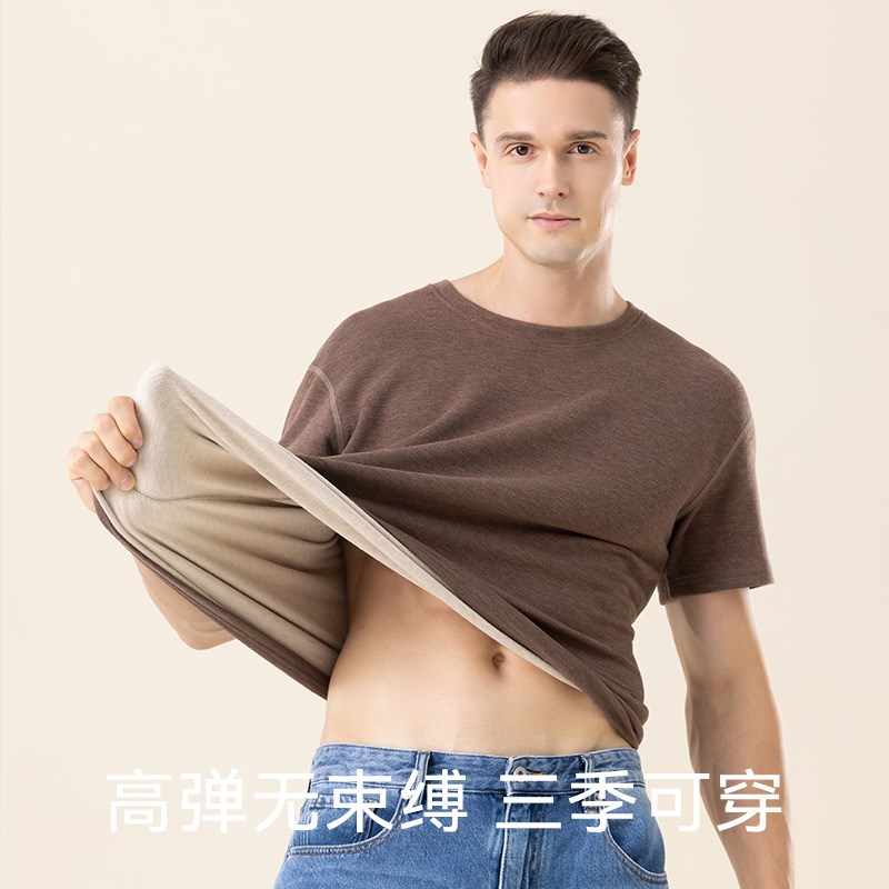 德绒发热保暖内衣男士内搭加绒上衣E羊毛蚕丝打底衫无痕短袖t恤冬