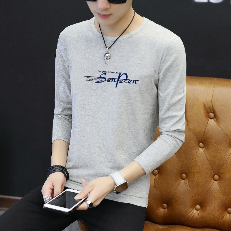 春季男士长袖t恤纯棉圆领韩版潮流印花H男装打底衫白色上衣服秋衣
