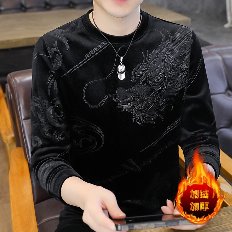 2024b秋冬季新款男士加绒加厚金丝绒长袖T恤衫加肥加大码宽松卫衣