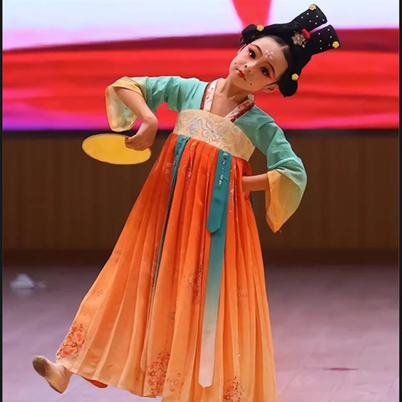 新款儿童汉服f执镜佣表演服女童汉服襦裙执镜俑演出服中国风民族