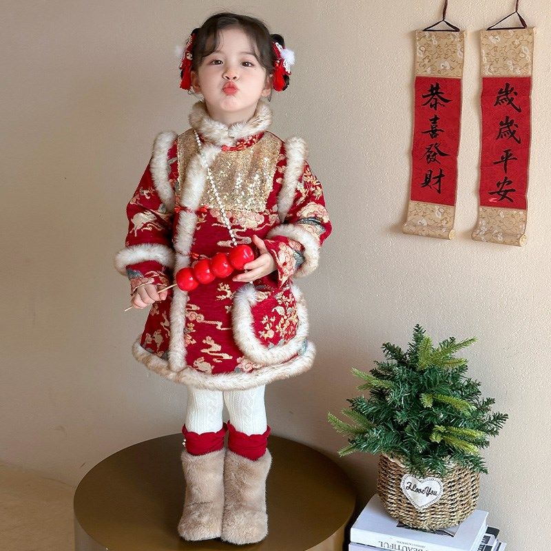汉服女童拜年服冬装中国风唐装新年旗G袍裙子加绒宝宝儿童过年衣