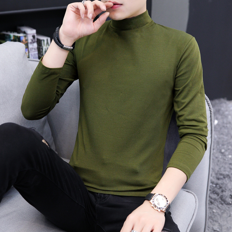 秋季军绿色纯棉长袖男士T恤中领秋衣内搭高O领纯色内搭衣秋装潮流