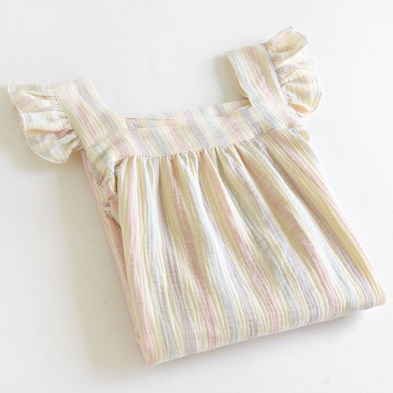 荷叶袖吊带睡裙j纱布睡衣女夏季彩色条纹薄款家居服连衣裙子