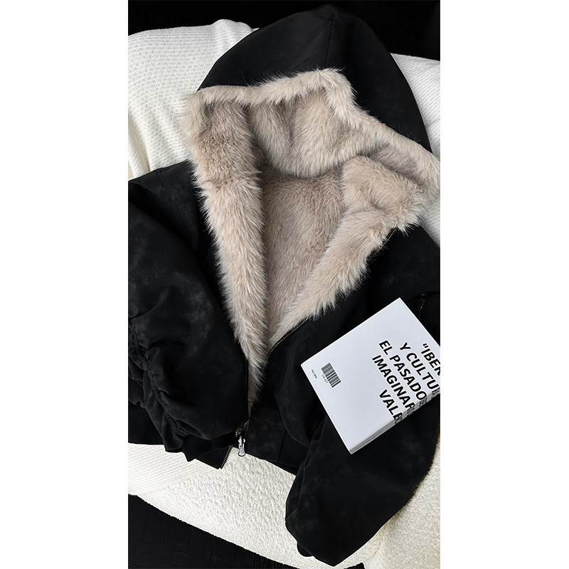 龙叨叨冬季新品重磅美式复u古座山雕连帽外套加绒加厚皮衣夹克男