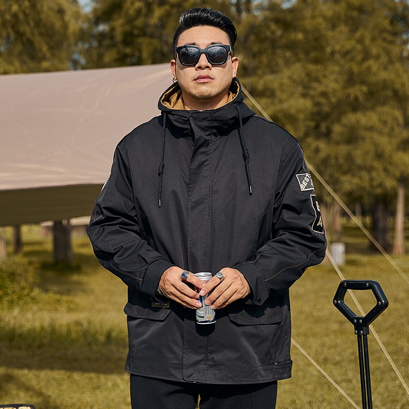 300斤新款潮春秋中长款大码外套风E衣男宽松加肥加大连帽夹克上衣