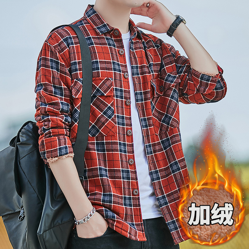 冬季男士加绒纯棉长袖衬衫加厚宽松休闲羊K羔绒保暖衬衣外套大码