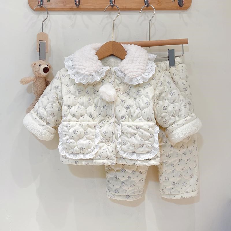 女童居家加绒睡衣2024冬女小童韩版四层夹棉加R厚家居服女宝宝睡