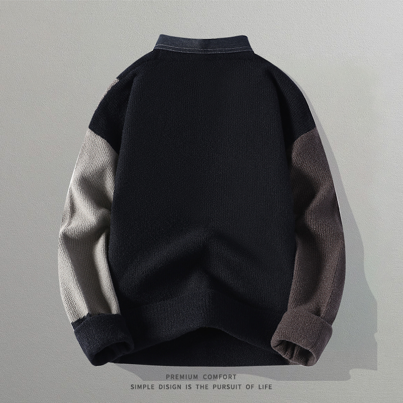 秋冬季新款假两件毛衣男青年学生潮流衬I衫领有领针织衫套头毛线