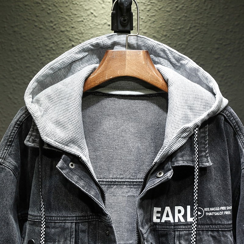 秋冬带帽牛f仔夹克男款上衣百搭连帽外套衣服宽松工装假两件印花