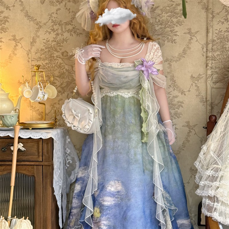 【】睡莲油画柄帝政风情侣lo长款日常夏JSK魔O法裙子猫lolita