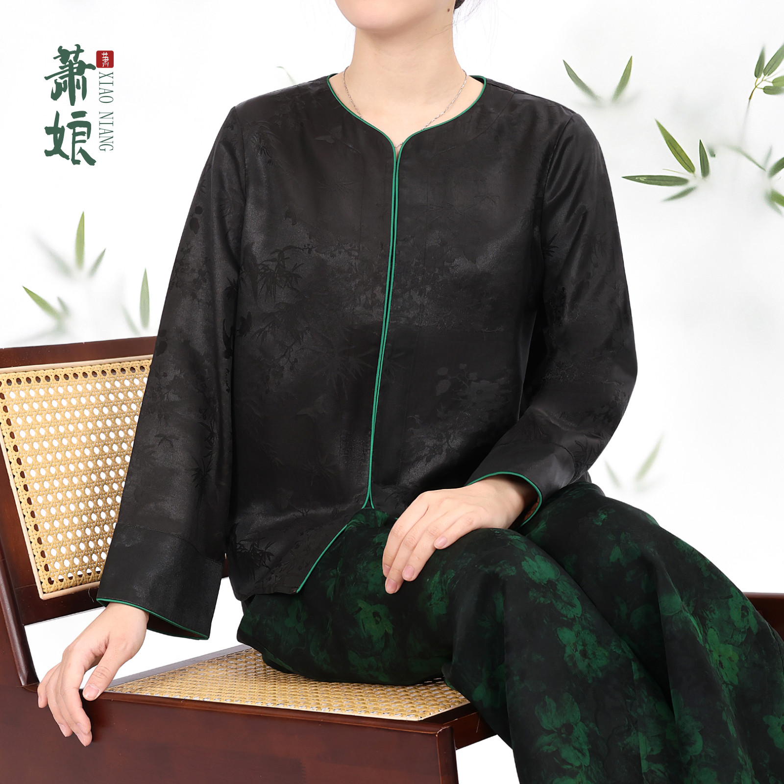 萧娘【茴禾】香云纱新中式长袖短外套宽松桑蚕丝百搭国风上衣5036