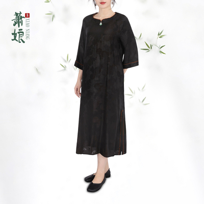 萧娘【桃夭】桑波缎透孔花萝香云纱中式桑蚕丝女连衣裙国风1341