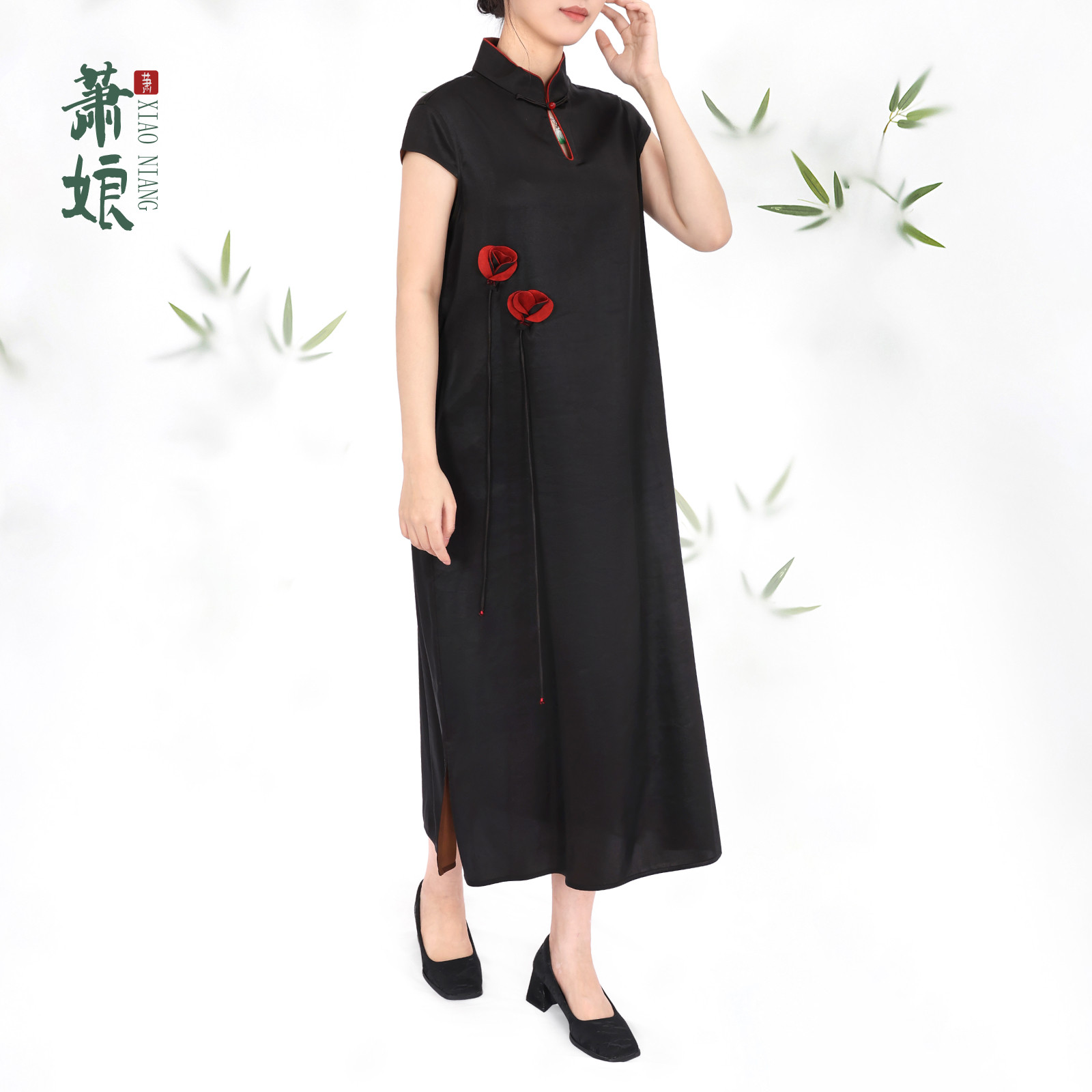 萧娘【花槿】弹力缎香云纱工艺桑蚕丝连衣裙宽松气质女裙1855