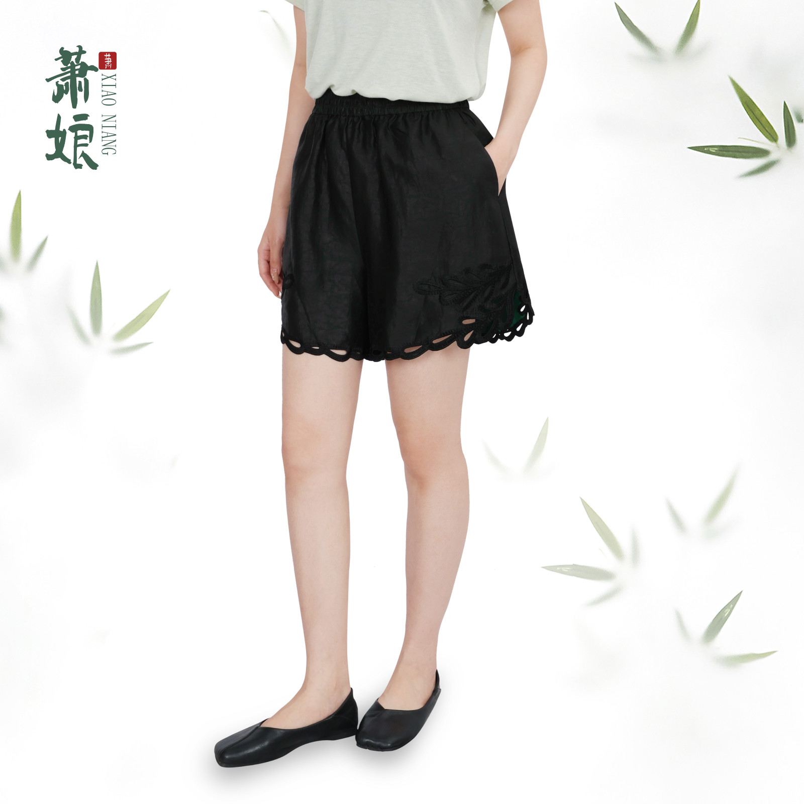 萧娘【花间醉月】缎龟香云纱短裤桑蚕丝新中式宽松国风休闲裤2753