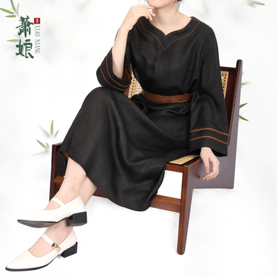 萧娘【苍蓝】提花香云纱新中式连衣裙宽松气质百搭国风女裙1841