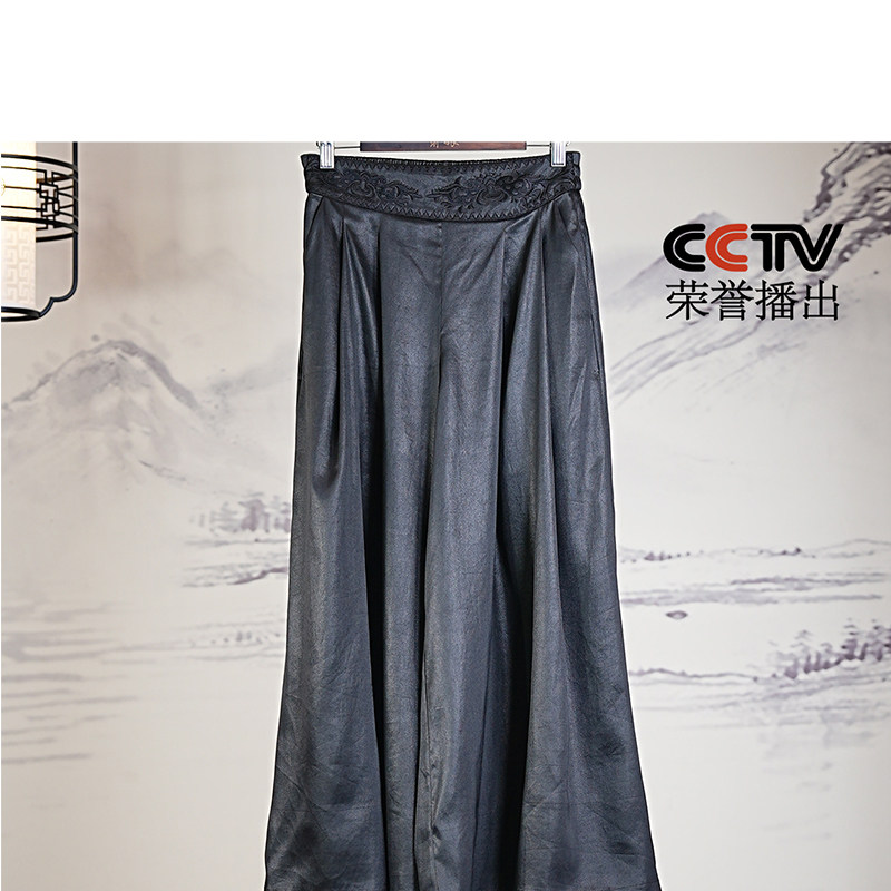 萧娘【竹影风】弹力缎新中式裤子休闲桑蚕丝中国风阔腿女裤2084