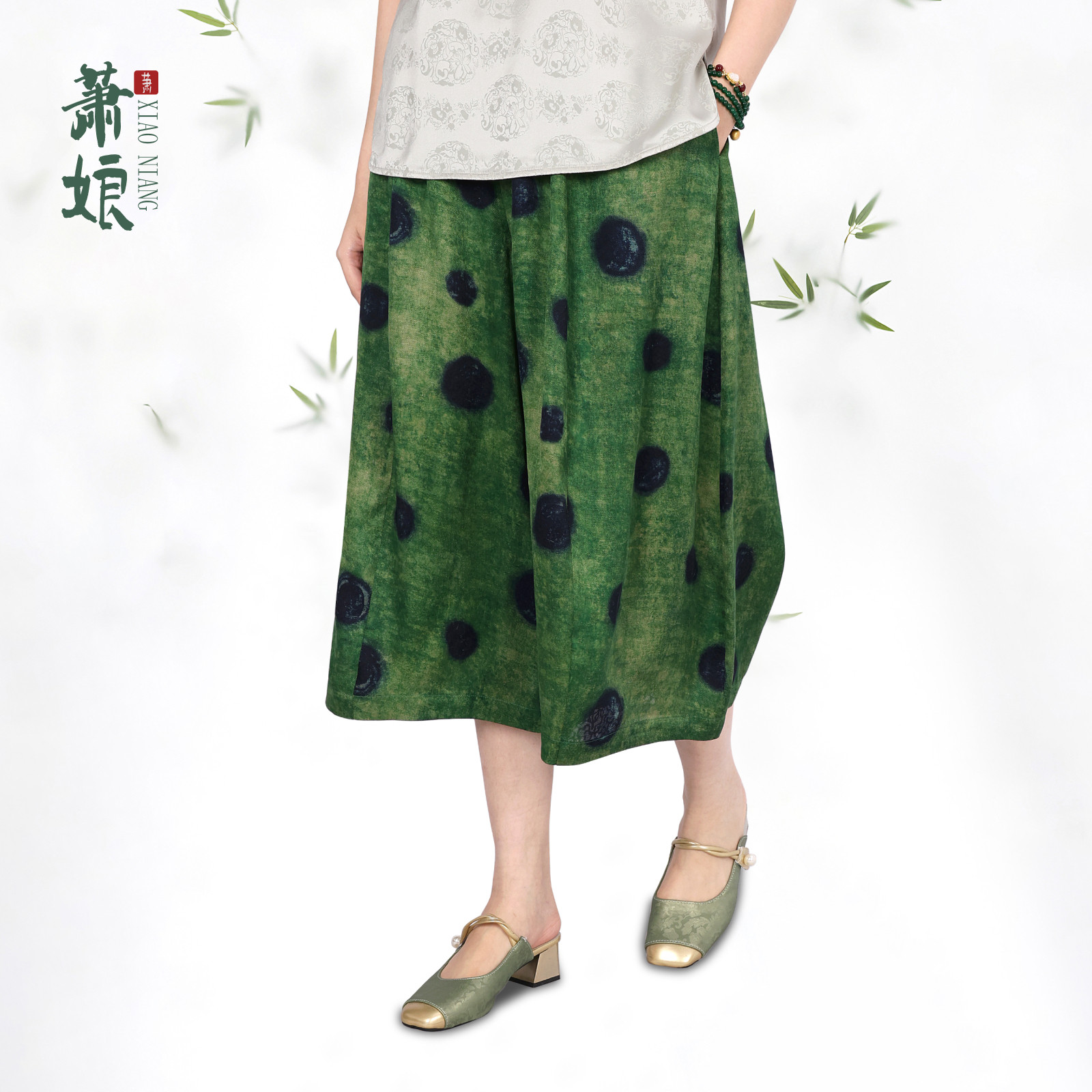 萧娘【春色满园】红云纱直筒腿裤百搭宽松中式桑蚕丝长裤XNB0058图片