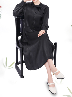 萧娘【凌晨五点的花苞】弹力缎新中式连衣裙气质中长款外套5648