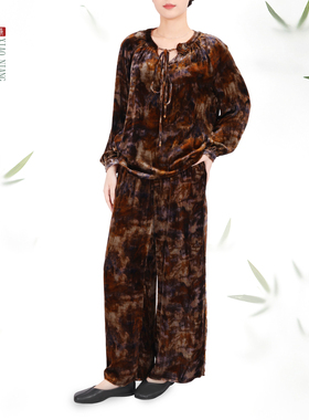 萧娘【沉香】真丝植绒直筒裤显瘦长裤新中式休闲丝绒裤女XNA0037