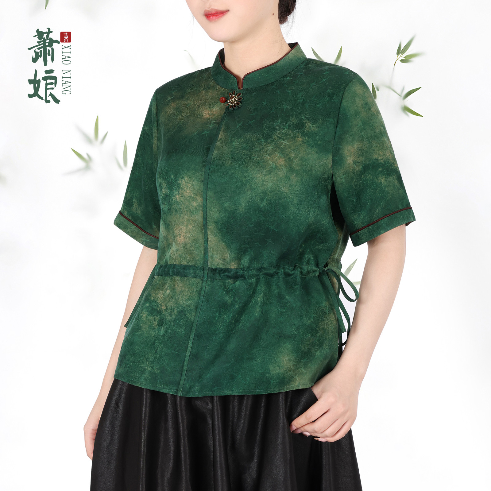 萧娘【碧玉】印花红云纱立领上衣桑蚕丝新中式短袖女上衣夏5141