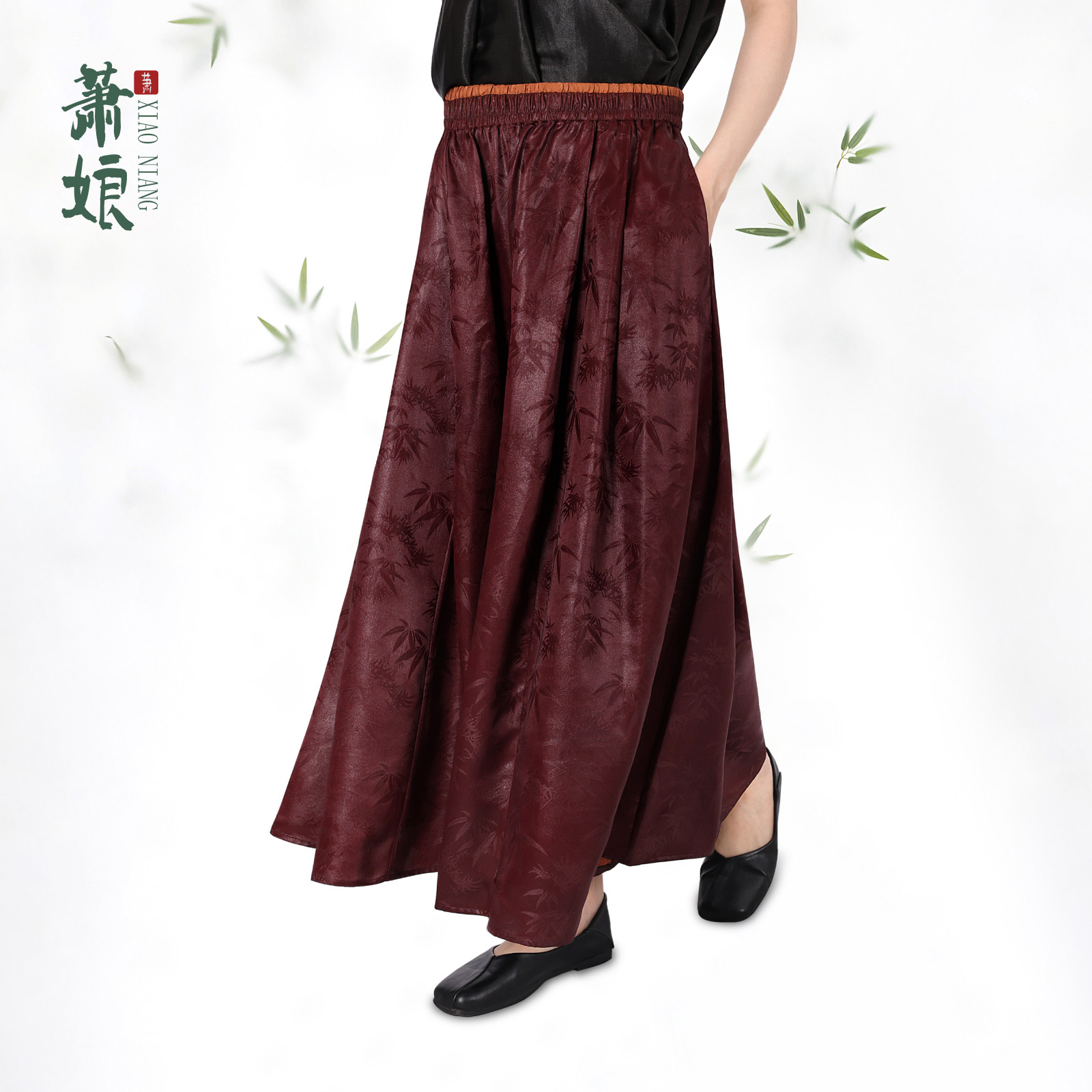 萧娘【仟叶红】红云纱竹叶花宽松桑蚕丝国风阔腿裤XNA0206