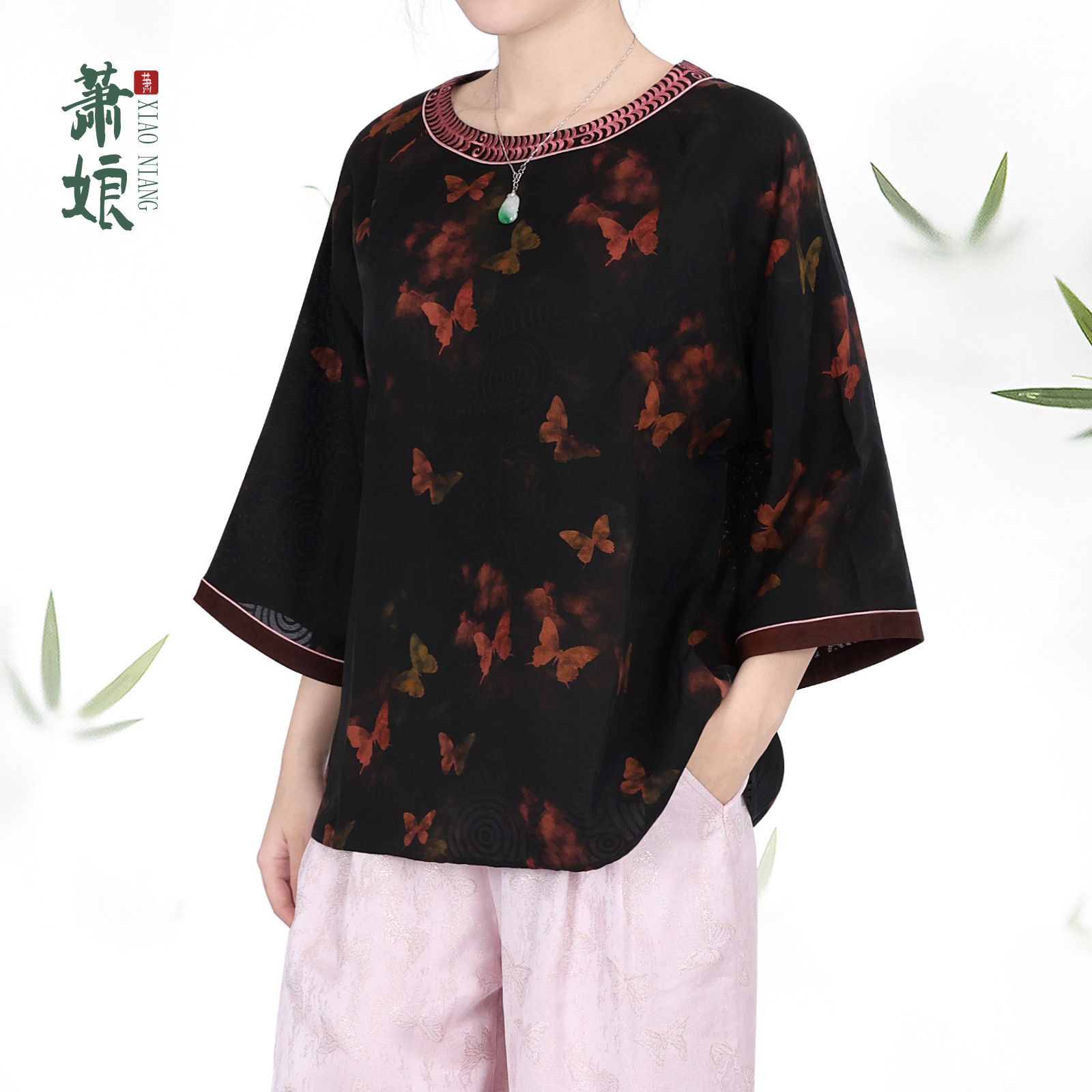 萧娘【蝶舞曲】花罗香云纱上衣圆领长袖套头桑蚕丝新中式上衣3007