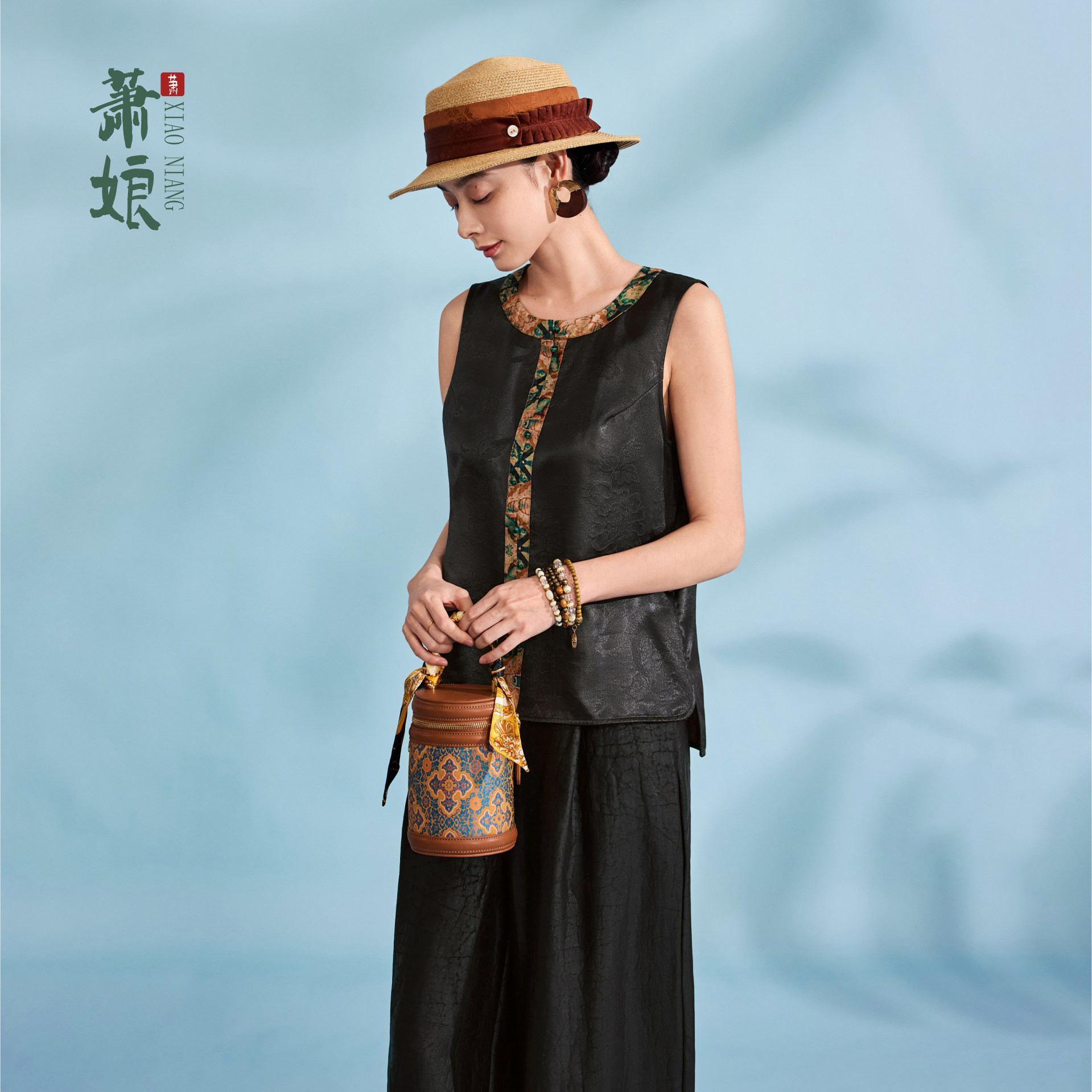 萧娘【望江】香云纱桑蚕丝女士无袖上衣新中式宽松中国风XNA1920