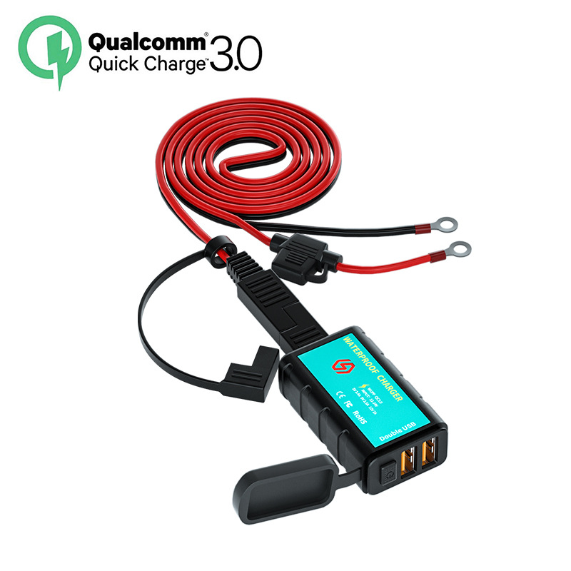 摩托车SAE插头1.4mOT端转USB手机充电器12V双QC3.0方形充电器防水