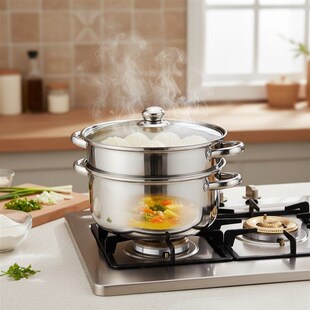 精选不锈钢24cm双层蒸锅家用汤锅加厚多层蒸煮锅具26cm燃气灶适用