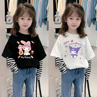 女童库洛米长袖 100%纯棉女宝宝假两件条纹打底上衣 T恤2025春秋装