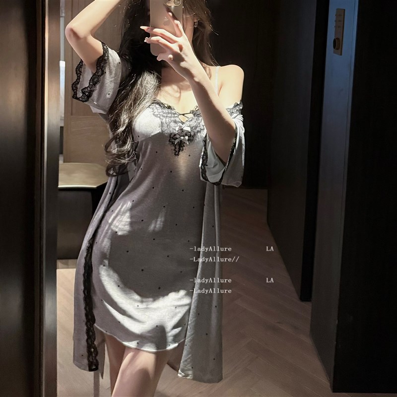 LA娇香风信子*气质波点温柔C吊带睡裙日系性感蕾丝家居服套装