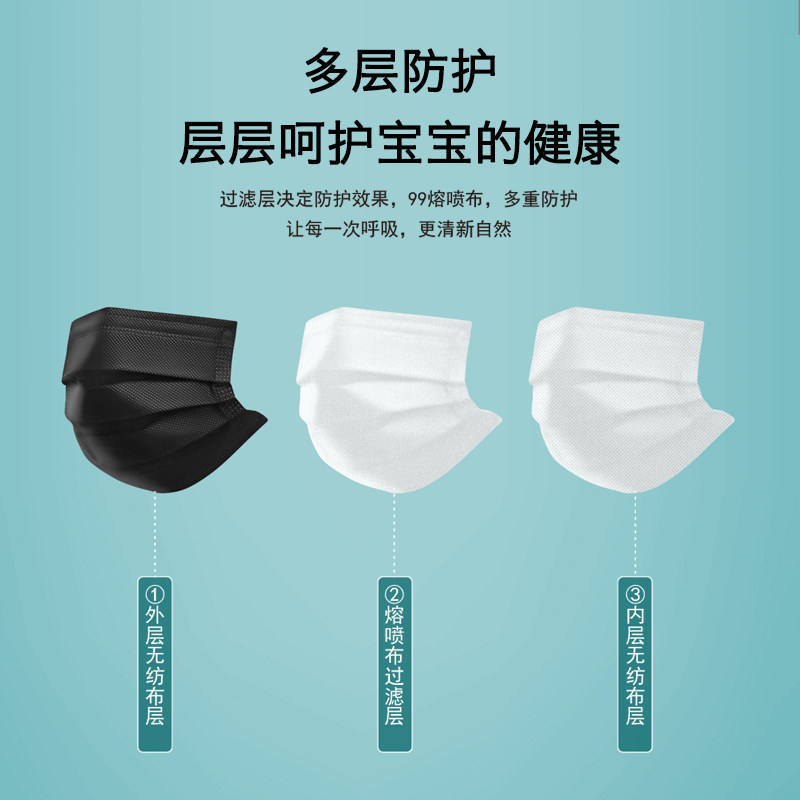 儿童口罩一次性三层小脸学生小孩专用3岁夏N季薄款独立包装白色黑