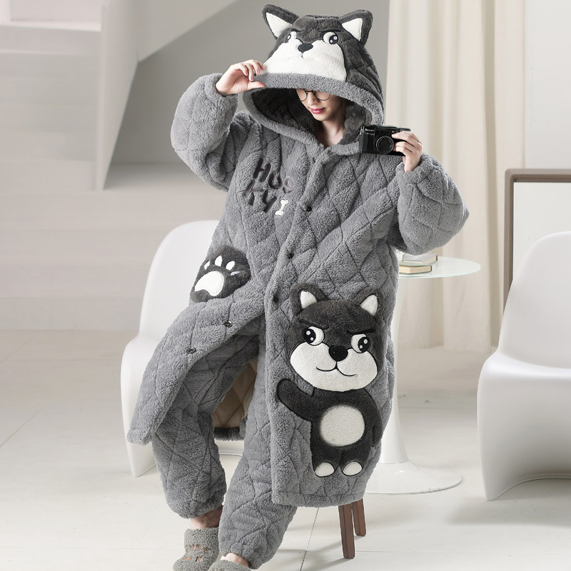 男士睡衣秋冬季珊瑚绒三层夹棉加厚F加绒睡袍长版青少年家居服套