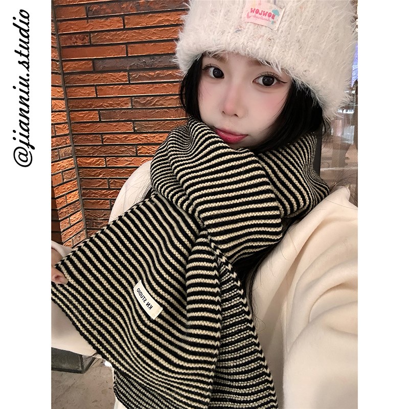 秋冬季经典复古黑色条q纹针织围巾女韩版时尚百搭保暖护颈毛线围
