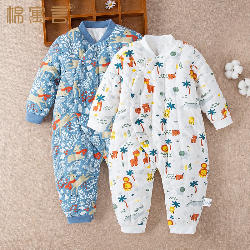 婴儿手工棉衣加棉哈衣秋冬季棉花E爬服新生儿宝宝斜襟保暖连体衣