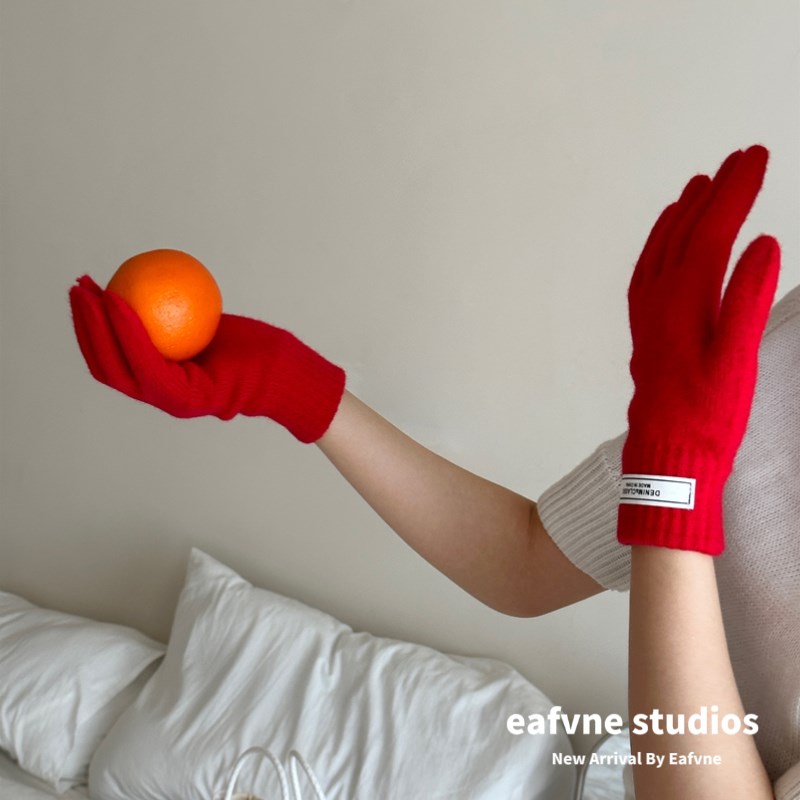 抗冻装备~中性配色触屏毛线情侣秋冬针织保M暖纯色骑车手套女红色