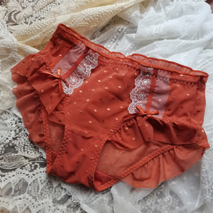 精品荷叶边e网纱蕾丝内裤 女中 加大点点墨绿色高级质感包臀三角裤