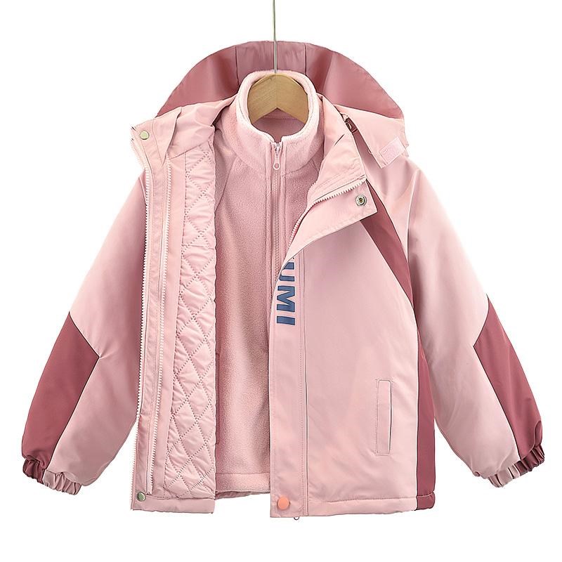 女童秋冬装新款i儿童可拆冲锋衣秋加绒加厚卡通拼色三合一夹棉外