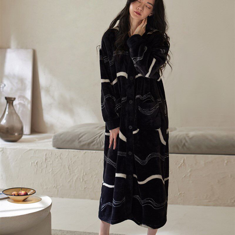 睡袍女士睡衣冬季珊瑚绒加厚x加绒睡裙秋冬款法兰绒浴袍长裙家居