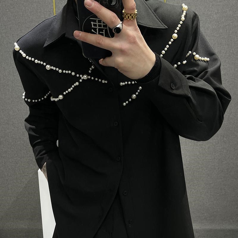 高级设计感小众纯色珍q珠装饰衬衣男士宽松痞帅长袖衬衫潮翻领上