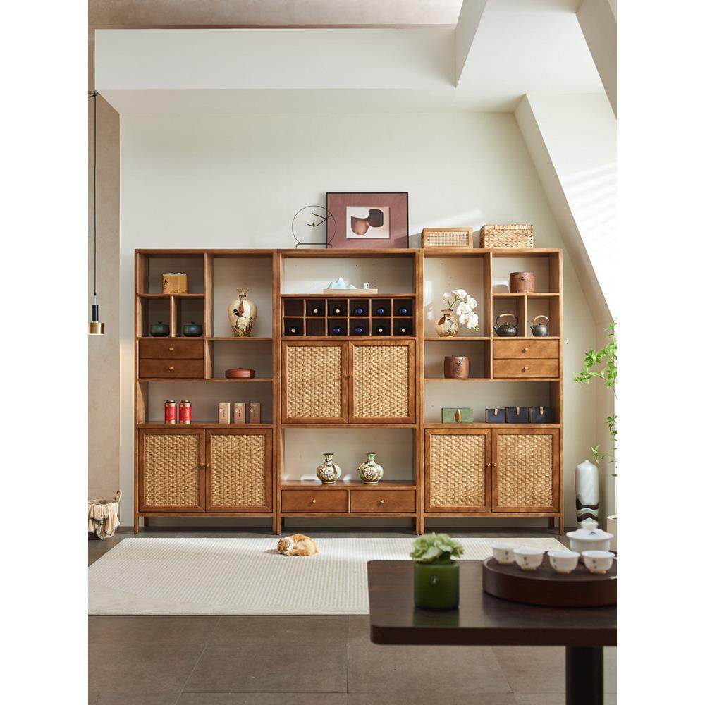 实木藤编多宝阁博古置物架茶室展示柜中古侘寂风茶水柜储物收纳柜,住宅家具,多宝格/博古架,淘宝优惠券,粉丝福利购,淘宝优惠卷