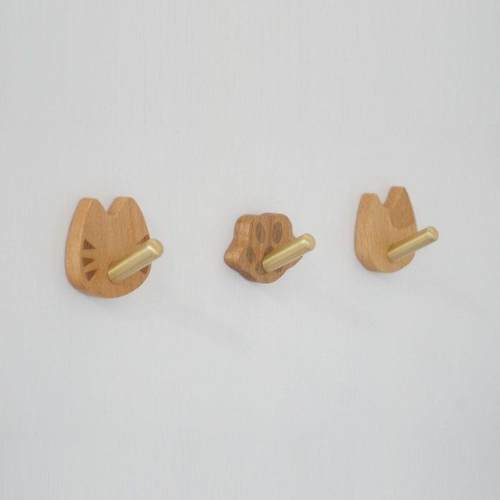 实木黄铜免打孔挂钩动物猫咪木质挂衣钩墙壁装饰强力粘钩儿童单钩