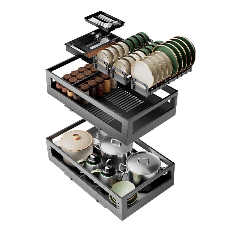 拉篮厨房橱柜304不锈钢双层抽屉式碗碟架收纳橱柜沥水调料碗篮蓝