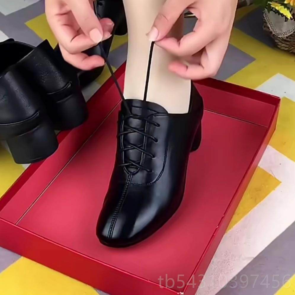 正品真皮鞋202女4新款春秋单鞋粗跟系带色皮黑鞋妈工作鞋软底软皮,女鞋,深口单鞋,淘宝优惠券,粉丝福利购,淘宝优惠卷