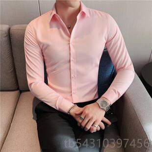 正品士男长袖衬衫修身打底黑务色衬衣商休职业正装工作服上闲班衬
