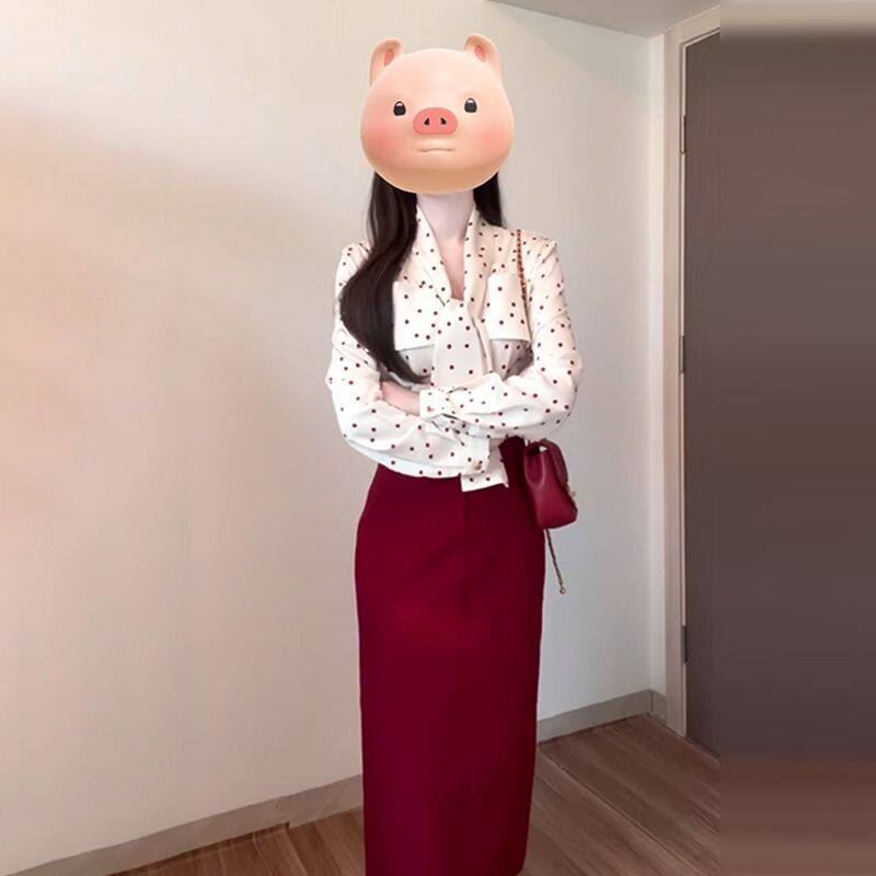 复古港风红色波点衬衫 红色半身裙女 秋季新款韩版时尚套装