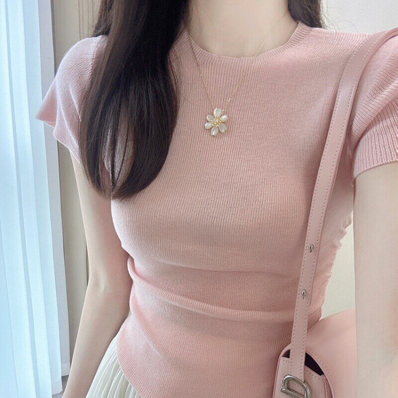 奶系温柔风休闲套装裙女夏季小香风薄款针织衫T恤半身裙子两件套