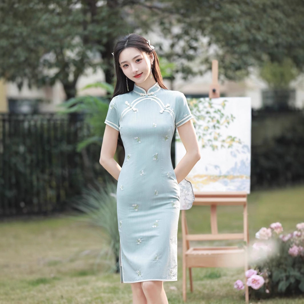 2025春夏新款中式蓝色绣花弹力棉